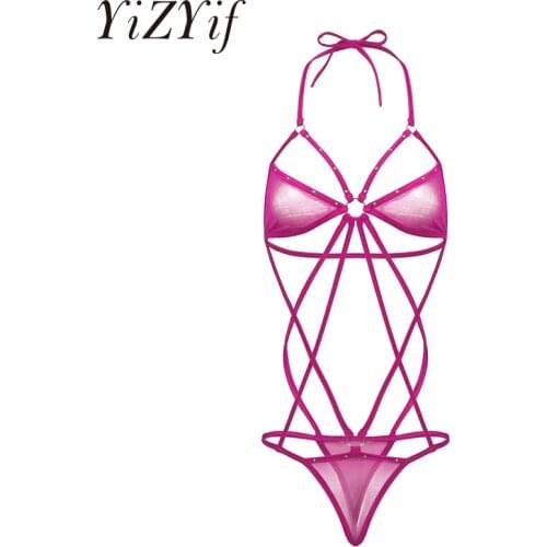 Womens Sheer Mesh Lingerie Bodysuit Monokini Thong Halter Neck Backless Strappy One-piece See Through Leotard Bodysuit Nightwear