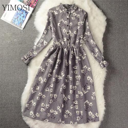 Spring Autumn Women Corduroy Dress 2020 Vintage Full Sleeve Flower Print Dresses Female High Elastic Waist Party Dress Vestidos