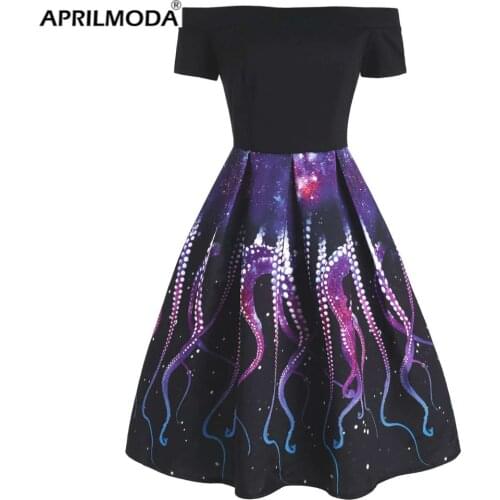 2020 Octopus Animal Short Party Women Dress Slash Neck Black Purple 50s 60s 70s Retro Vintage Rockabilly Jurken Vestido De Festa