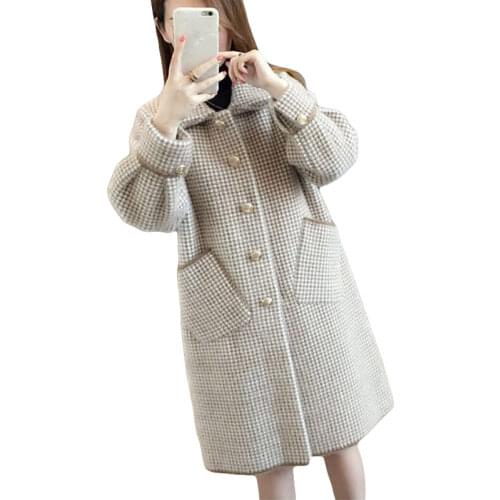 2021 Womens Imitation Mink Fleece Autumn Winter Coat Plus Size Plaid Knitted Cardigan Loose Mid-Length Woolen Jackets KW1060