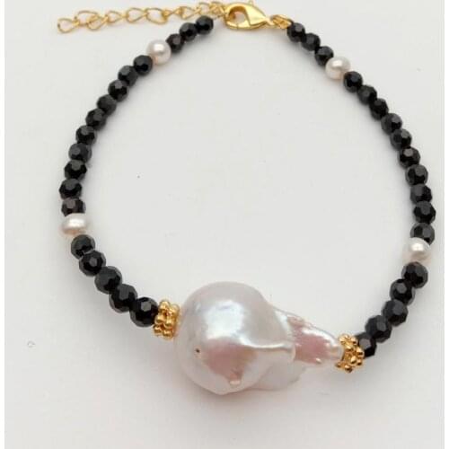 8" Natural 4mm Faceted round Black onyx White Keshi Pearl strand Bracelet for women classic