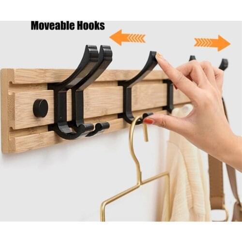 Bamboo Coat Rack Wall-mounted Hat Bag Hooks Living Room Closet Robe Towel Hanger Bathroom Bedroom Wall Racks with Moveable Hook