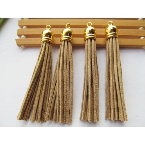 Free Shipping 100Pcs 90mm Golden Suede Leather Jewelry Tassel For Key Chains/ Cellphone Charms Top Plated End Caps Cord Tip