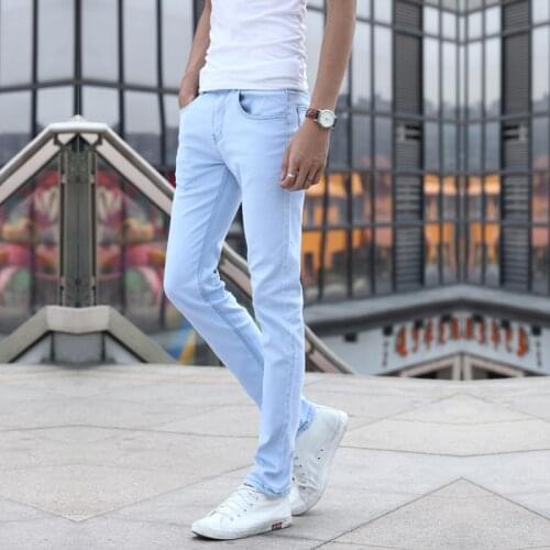 Spring Summer Slim Pencil Trousers Tight Light Blue Denim Jean Pants New Fashion Men Casual Stretch Skinny Jeans Solid Colors