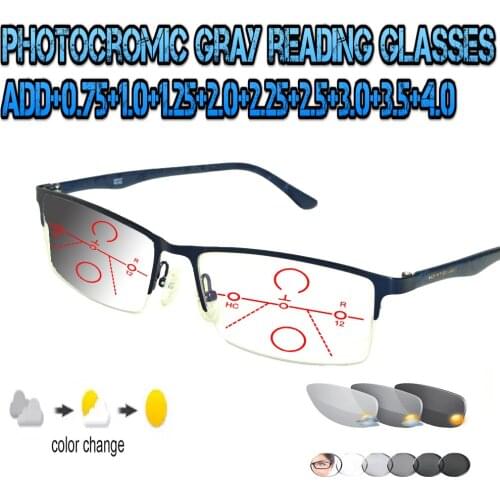 Photochromic Gray Progressive Multifocal Reading Glasses Men Woem Ultralight Blu Frame+1.0 +1.5 +1.75 +2.0 +2.5 +3 +3.5 +4