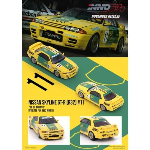 INNO Car 1:64 NISSANSs SKYLINE GT-R R32 #11 BP OIL TRAMPIO Collection Metal Die-cast Simulation Model Cars Toys