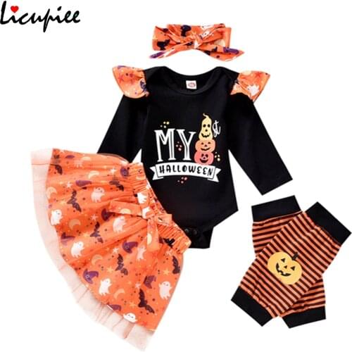 0-12 Months Baby Halloween Printed Clothes Set, O-neck Romper+short Tulle Skirt+bow-knot Headband+leg Sleeves