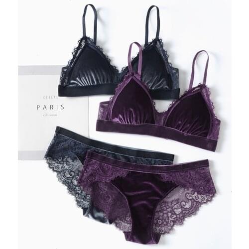 Lace velvet thin section wireless underwear female autumn and winter comfortable bra panties set