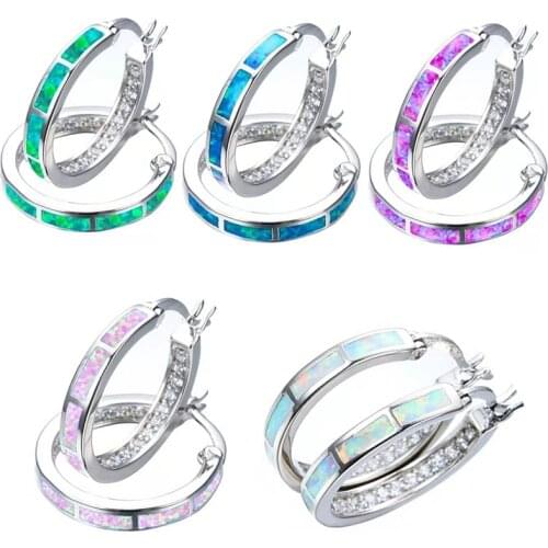 Trendy Silver Color Large Circle Colorful Opal Inlaid White Crystal Rhinestone Zircon Hoop Earrings for Women Party Jewelry