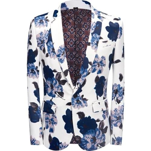 New Tide party Men Casual Blazer Print White blue flower Pattern Design DJ Club Singer Costume Slim Fit Suit Jacket Coat