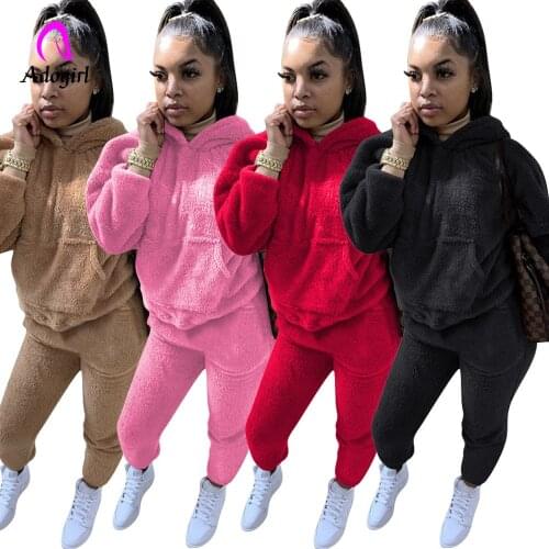 Plush Warm Fluffy Suits Womens Tracksuits Long Sleeve Hooded Sweatsuit Hoodie and Bodycon Jogger Sporty Home Teddy 2 Piece Set