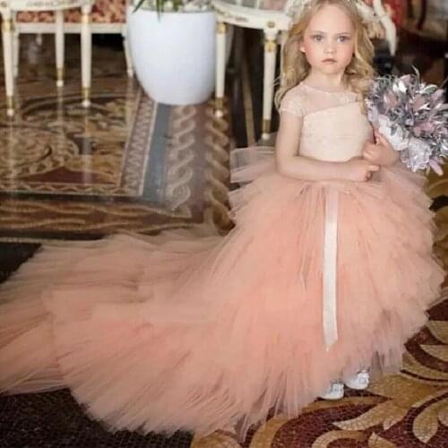 Puffy Pink Flower Girl Dresses Lace Top Long Train Children Wedding Party Gown Birthday Pageant Kid Wears