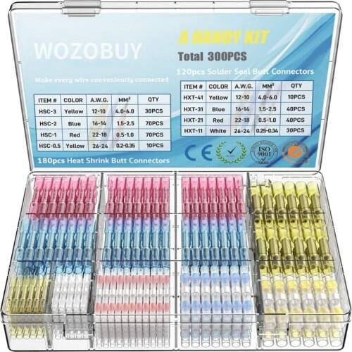 300PCS Solder Seal Wire Connectors,Heat Shrink Butt Connectors Terminals Electrical Insulated Waterproof Marine Automotive Kit
