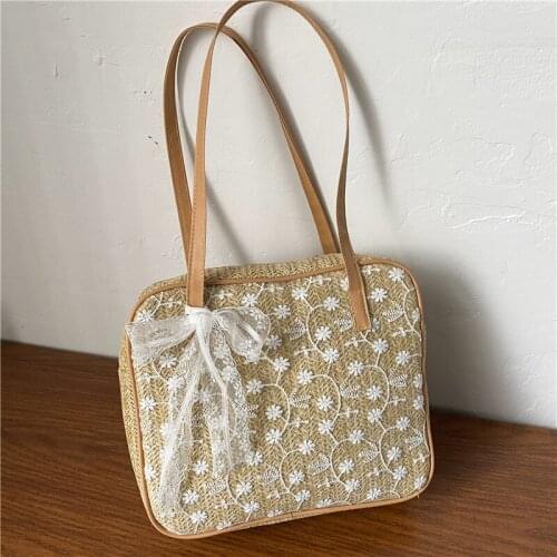 2021 New Summer Fashion Handbag Women Straw Woven Shoulder Bag Lace Flowers Embroidery Beach Bag Ladies Hand Bag Bolsa Feminina