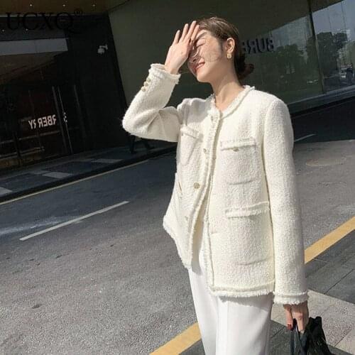 UCXQ Woman Tweed Jacket White Solid Tassel Pockets O Collar Long Sleeve Loose French Ladies Vintage Style 2021 New Autumn23XF344