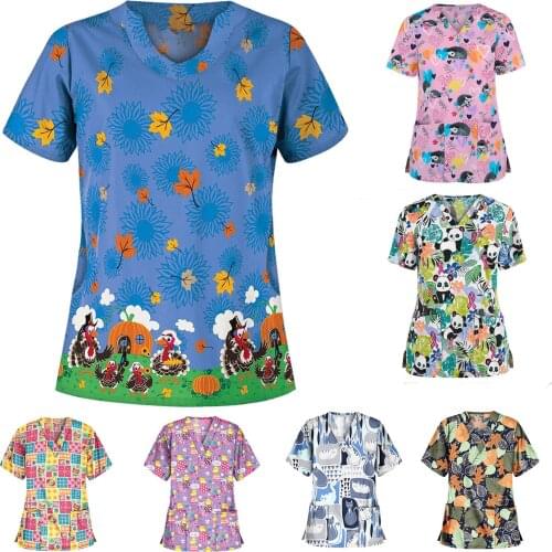 Scrubs Women Uniform Short Sleeves V-neck Tops New Working Uniform Cartoon Print Blouse Nurse Accessories медицинская одежда q5