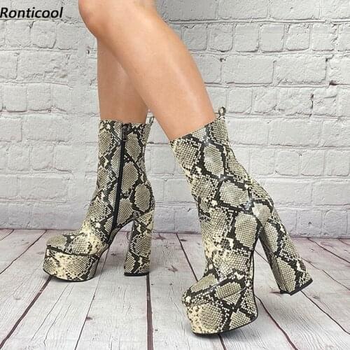 Ronticool Handmade Women Platform Ankle Boots Sexy Snake Block Heels Round Toe Boutique Party Shoes Plus US Size 4-10.5