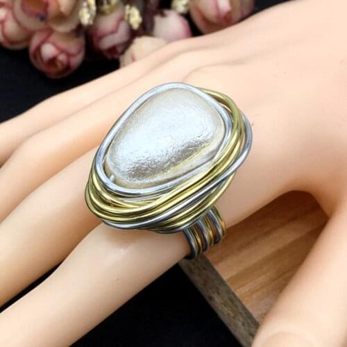 Simulated Pearl Geometric Rings Women Fashion Jewelry Handmade Layered Wire Spiral Bezel Statement Finger Rings UKEN