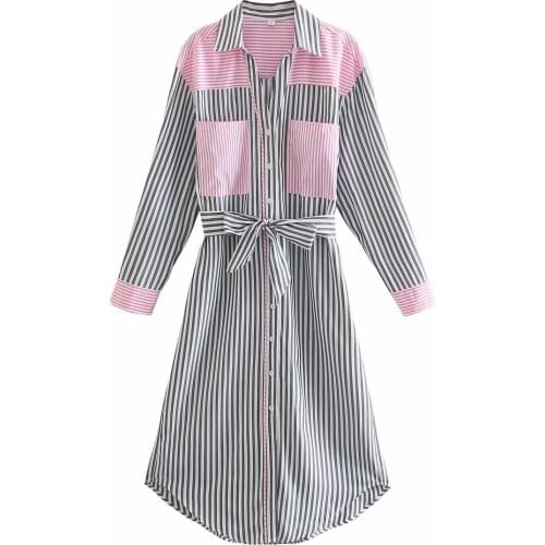 New Women Striped Shirt Dress with belt Vogue Patchwork Pockets Long Sleeves Button-up Midi Dresses Woman Robe
