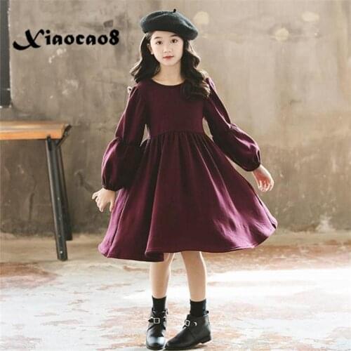 Winter Kids Long Sleeve Thick Plush Dresses for Teen Girls 4-15Years Children Clothing Bow Solid Big Toddler Gilr Fall Clothes