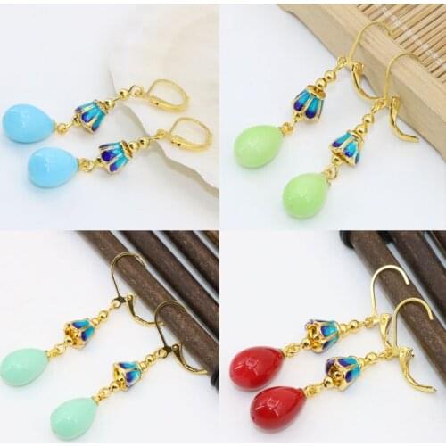 Gold-color long dangle earrings for women cloisonne multicolor teardrop baking paint glass drop earrings original design B2610