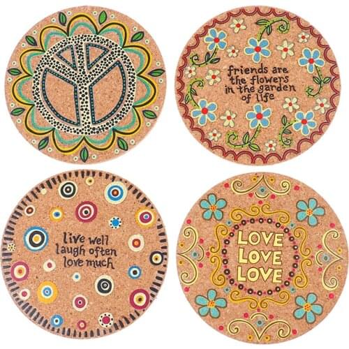 4PCS/Set Flower Natural Cork Round Cup Mat Drink Coasters Heat Insulation Patterned Pot Holder Mats For Coffee Table Tabletop