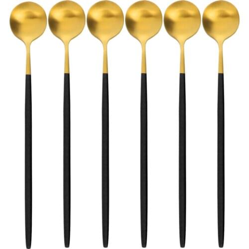 6pcs Long Handle Stainless Steel Dinnerware Spoon Tea Spoon Dessert Coffee Ice Matte Cream Spoons Kitchen Accessories Bar Tools