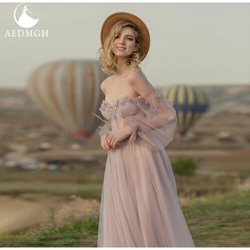 Aedmgh Strapless Puff Sleeve Wedding Dresses 2021 3D Flower A-Line Court Train Bride Dress Backless Illusion Boho Robe De Mariee