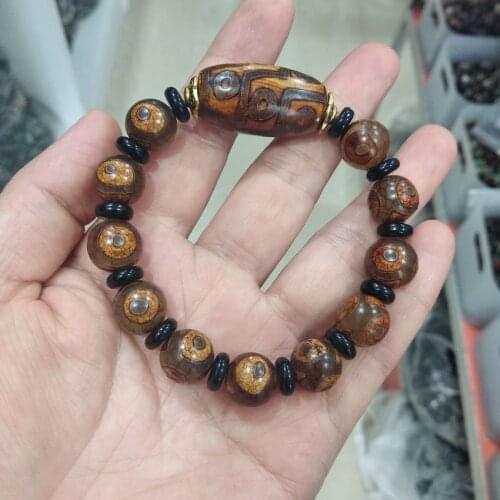 Lucky Tibetan Dzi Bead mala bangle 3 eyes bead bracelet with 9 eyes Dzi bead amulet