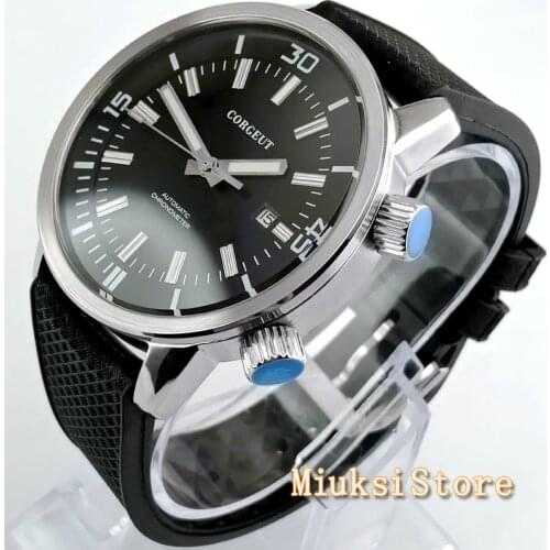 Mens top brand Corgeut 45mm black dial date rubber strap seagull automatic movement mens sport mechanical watches