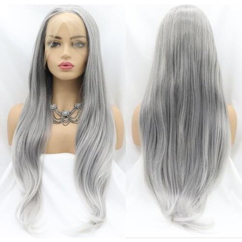 Long Silver Platinum Blonde Lace Front Wigs with White Tips Ash Blonde Natural Wavy Mixed Silver Grey Ombre Synthetic Lace Wig