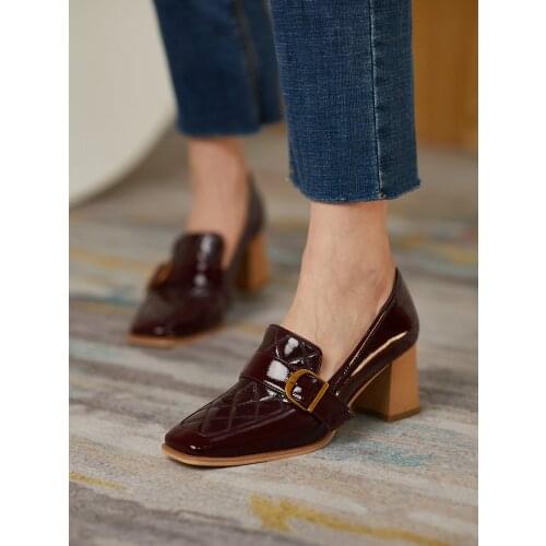 EshtonShero Spring Women Shoes Platform Square High Heel Shoes Women Genuine Leather+Pu Square Toe Loafers Buckle Pump Checkered