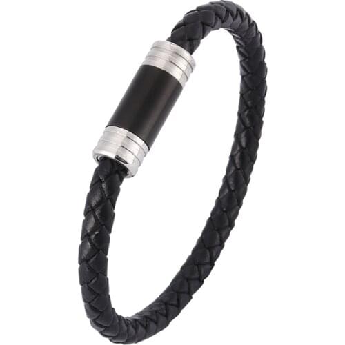 Charm Leather Wristband Men Jewelry Punk Black Brown Braided Leather Bracelet S.Steel Magnetic Clasp Retro Bracelets Male SP0410