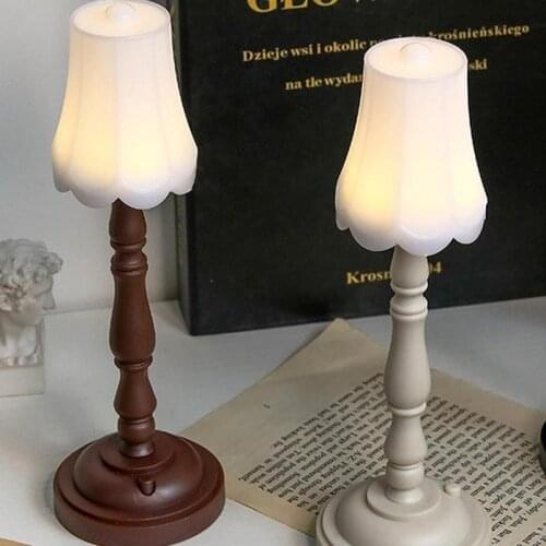 Mini Retro Table Lamp For Doll House White Brown Cold Warm Light Bedside Dormitory Bedroom Eye Protection Lamps Dollhouse Decor