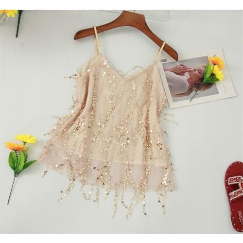 New Fashion Slim Women Mesh Sequined Vest Lady V-neck Tassel Tank Sleeveless T-Shirt Summer Outfits Crop Top Bottomings WZ915