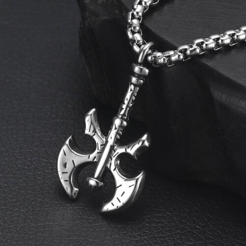 Viking Bladebone Double Axe Pendant Necklace Men 316L Stainless Steel Jewelry Mens Long Chain Halberd Necklaces Jewellery Gift