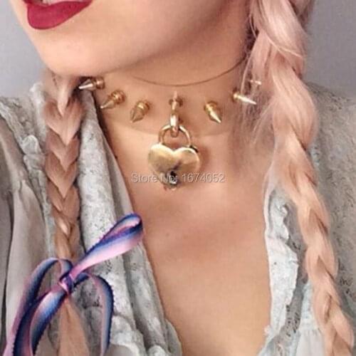 100% Handmade Spikeds Gold Lock Padlock Key Choker Clear PVC Vinyl Transparent Collar Harajuku Spiked Necklace