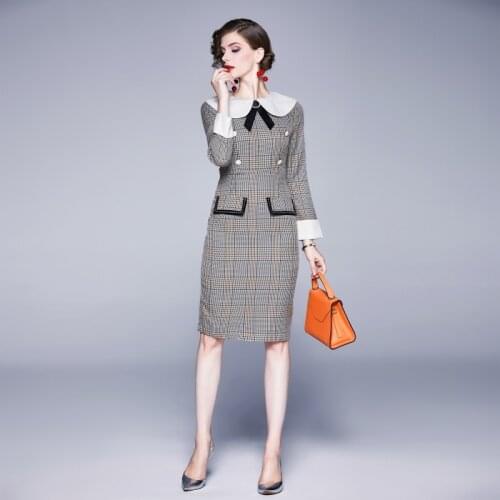 Turn Down Collar Checked Long Sleeve Dress Office Lady Preppy Style Mini Regular Vintage Dress Plaid Regular Clothing Women