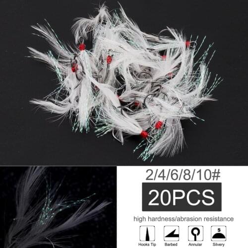 20pcs/lot Feather Treble Fishing Hook 2# 4# 6# 8# 10# Tied Round Bend Barbed Triple Hooks with White Feather
