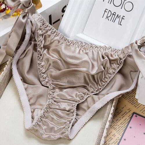 100% Mulberry Silk T-Back Panties Sexy Lace-Up Low-Waist Briefs Ladies Smooth Seamless Free Size Underwear Pure Color Underpants