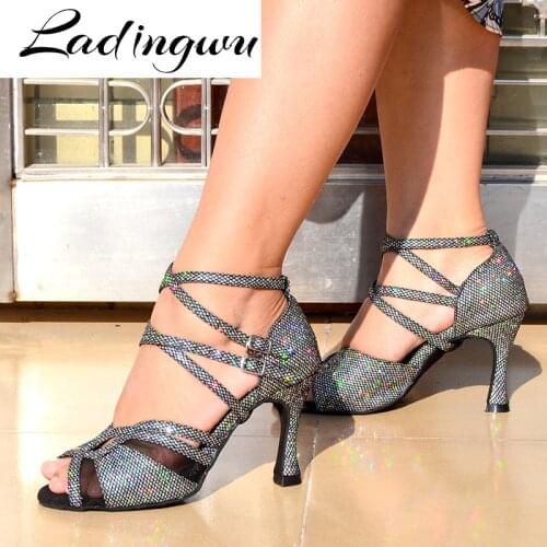 Ladingwu Brands Latin Dance Shoes Ladys Ballroom Dance Shoes Salsa Tango Party Profession Dance Shoes Dark Gray Flash Cloth
