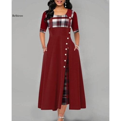 Half Sleeve Patchwork Womens Long Dress Spring Plaid Irregular Female Dresses Plus Size 5Xl Casual Vintage Lady Vestidos
