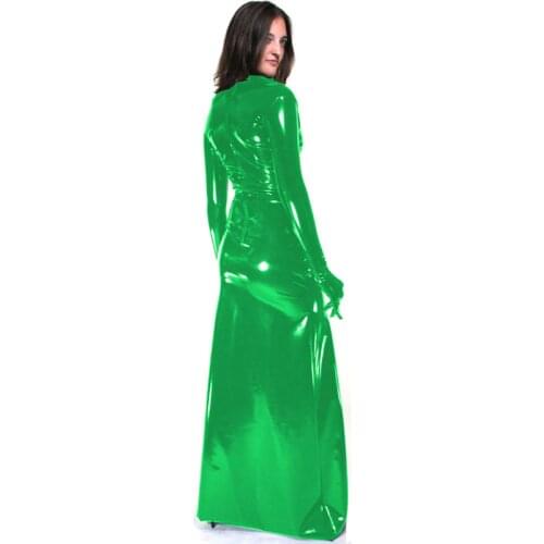 12 Clors Sexy Gloved Long Dress Women Novelty Long Sleeve Clubwear Wet Look PVC Cosplay Costume Back Zipper Club Dress