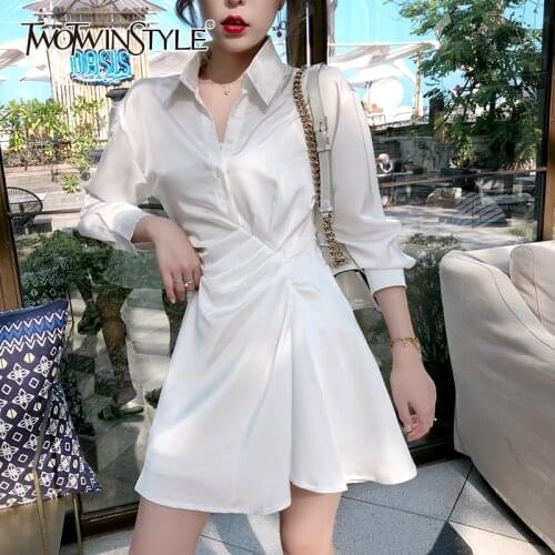 TWOTWINSTYLE Elegant Ruched Shirt Dress For Women Lapel Long Sleeve High Waist Mini Dresses Female Fashion New Clothing 2021