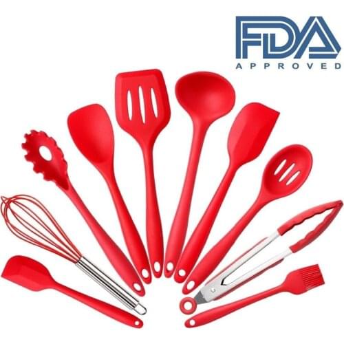 2019 Red 10Pcs/set Silicone Heat Resistant Kitchen Cooking Utensils spatula Non-Stick Baking Tool tongs ladle gadget