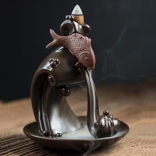 10Pcs Incense Cones + 1Pc Burner Fish Ceramic Incense Censer Backflow Incense Burner Lotus Incense Stick Holder Chrimas Gift