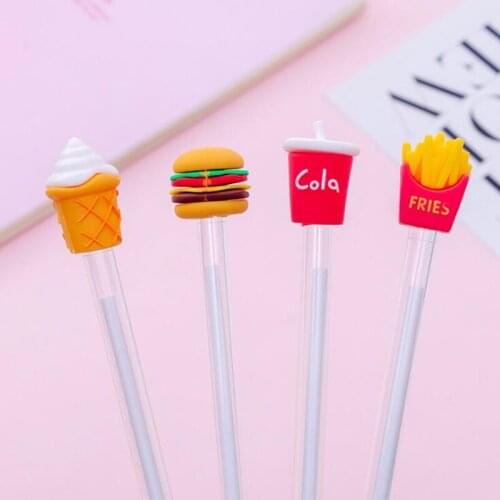 4pcs / Set Korean Cartoon Creative Classic Fast Food Hamburger Fries Drink Student Writing Office Stationery Black 0.5mm Gel Pen
