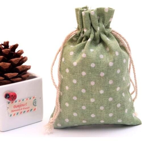 50pcs/lot 10x14cm (3.9"x5.5") Dots Print Green Linen Cotton Bags Bracelets Jewelry Packaging Bags Cute Christmas Jewelry Pouches