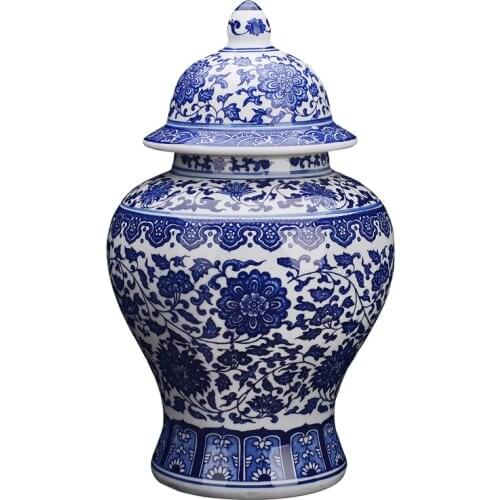 Antique Blue and White Porcelain Lotus General Tank Ginger Jars Home Furnishing Jingdezhen Ceramic Decoration Vase