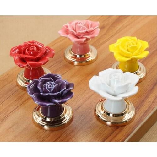 Kids Room Cartoon Handles and Knobs Ceramic Rose Flower Drawer Knobs Furniture Hardware